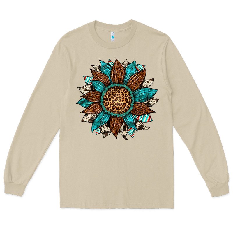 Gemstone Cowhide Leopard Turquoise Sunflower Long Sleeve Tee by Artiststas | Teevron