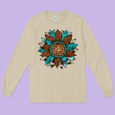 Gemstone Cowhide Leopard Turquoise Sunflower Long Sleeve Tee Designed By Artiststas