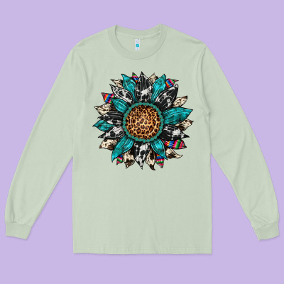 Cowhide Leopard Serape Gemstone  Sunflower Long Sleeve Tee Designed By Artiststas