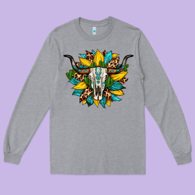 Bull Skull Gemstone Cactus Leopard Sunflower Long Sleeve Tee Designed By Artiststas