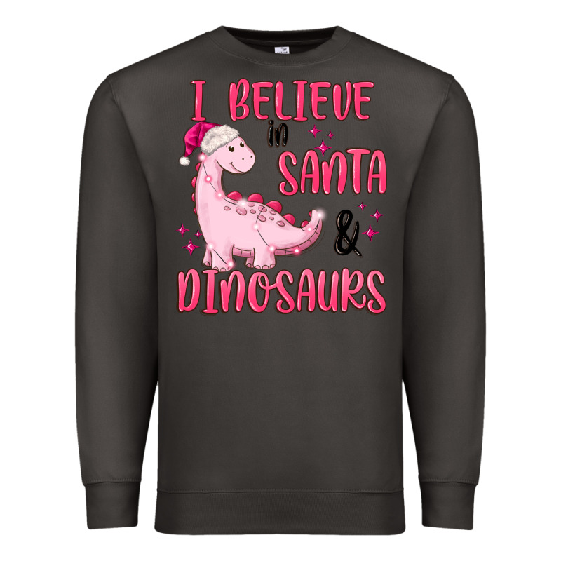 I Believe In Santa & Dinosaurs Pink Premium Sweatshirt by MaliasSmallBusiness | Teevron