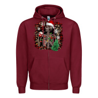 Burgundy Skeleton with coffee cup Christmas Zipper Hoodie - NancyCooperArtShop