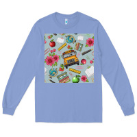 Colony Blue school bus back to school seamless pattern Long Sleeve Tee - BundleAndBundleShop