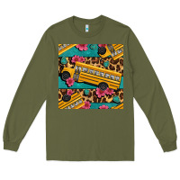Army Green school bus and leopar seamless pattern Long Sleeve Tee - BundleAndBundleShop