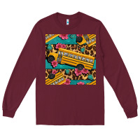 Burgundy school bus and leopar seamless pattern Long Sleeve Tee - BundleAndBundleShop