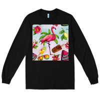Black sweet summer flamingo seamless pattern Long Sleeve Tee - BundleAndBundleShop