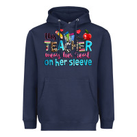 Navy this teacher wears her her on her sleeve Heavyweight Hoodie - NancyCooperArtShop
