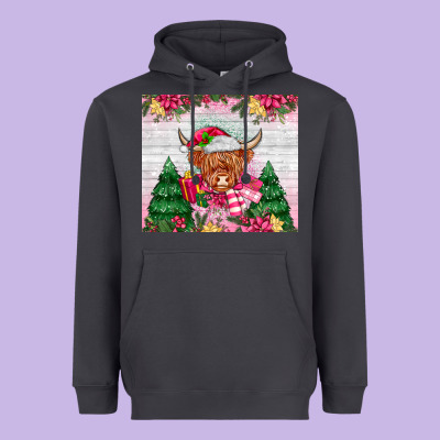 Pink Christmas Cow Heavyweight Hoodie Designed By Maliassmallbusiness