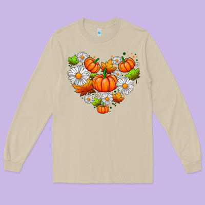 Pumpkin And Daisies Long Sleeve Tee Designed By Adodesignshop