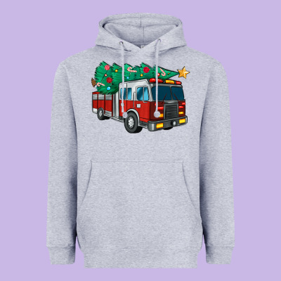 Christmas Fire Truck Heavyweight Hoodie Designed By Maliassmallbusiness