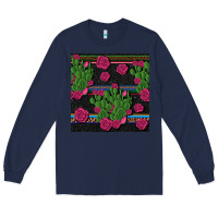 Navy mexican rose and cactus seamless pattern Long Sleeve Tee - BundleAndBundleShop