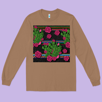 Mexican Rose And Cactus Seamless Pattern Long Sleeve Tee Designed By Bundleandbundleshop
