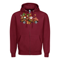 Burgundy Christmas Truck Elf Santa snowman reindeer Zipper Hoodie - NancyCooperArtShop