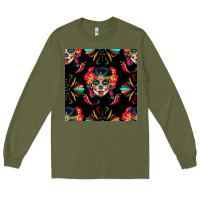 Army Green sugar skull seamless pattern Long Sleeve Tee - BundleAndBundleShop