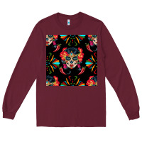 Burgundy sugar skull seamless pattern Long Sleeve Tee - BundleAndBundleShop