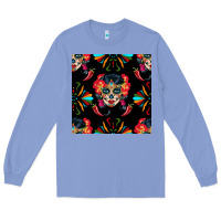 Colony Blue sugar skull seamless pattern Long Sleeve Tee - BundleAndBundleShop