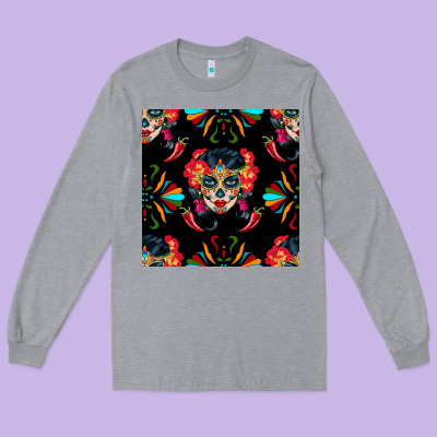 Sugar Skull Seamless Pattern Long Sleeve Tee Designed By Bundleandbundleshop