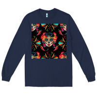 Navy sugar skull seamless pattern Long Sleeve Tee - BundleAndBundleShop