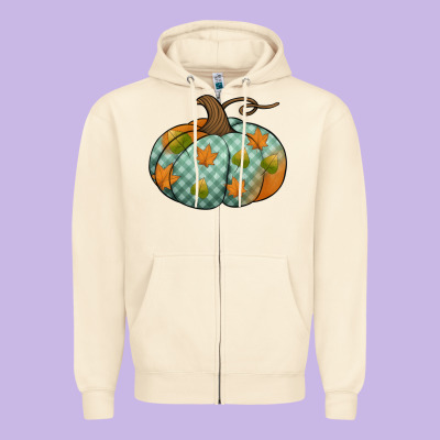 Blue Plaid Autumn Pumpkin Zipper Hoodie Designed By Jasminsmagicworld