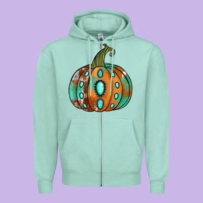 Western Cowhide Turquoise Pumpkin Zipper Hoodie Designed By Jasminsmagicworld