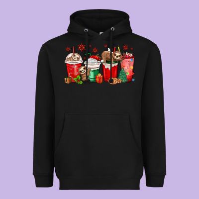 Christmas Sloth Coffee Cups Heavyweight Hoodie Designed By Maliassmallbusiness