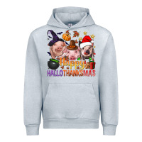 Heather Grey Happy Hallothanksmas Pigs Urban Hoodie - NancyCooperArtShop
