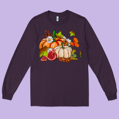 Pumpkins Daisies And Fall Leaf's Ado Long Sleeve Tee Designed By Adodesignshop