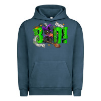 Pigment Midnight Navy Boo! with black cat Halloween Urban Hoodie - NancyCooperArtShop