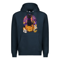 Navy halloween black cat pumpkin Premium Hoodie - BarkalooDesign