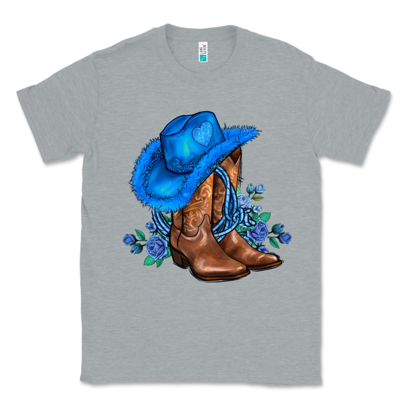 Valentines Day Blue Boots Cowgirl Hat And Roses Classic Tee by AdoDesignShop | Teevron