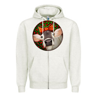 Oatmeal Heather Christmas Cow, Zipper Hoodie - Jasminsmagicworld