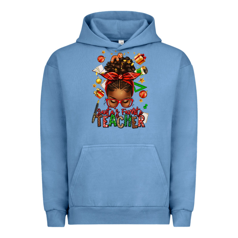 Santa's Favorite Teacher Afro Messy Bun Urban Hoodie by texasbilliewilder | Teevron