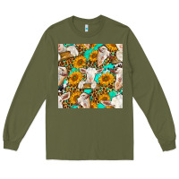 Army Green sunflowers and goat western seamless pattern Long Sleeve Tee - BundleAndBundleShop