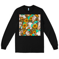 Black sunflowers and goat western seamless pattern Long Sleeve Tee - BundleAndBundleShop