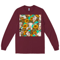 Burgundy sunflowers and goat western seamless pattern Long Sleeve Tee - BundleAndBundleShop