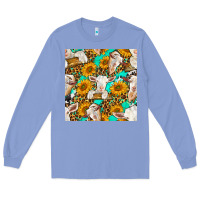 Colony Blue sunflowers and goat western seamless pattern Long Sleeve Tee - BundleAndBundleShop