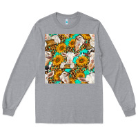 Heather Grey sunflowers and goat western seamless pattern Long Sleeve Tee - BundleAndBundleShop