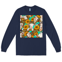 Navy sunflowers and goat western seamless pattern Long Sleeve Tee - BundleAndBundleShop
