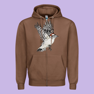 Flying Downy Woodpecker Zipper Hoodie Designed By Lillyallendesigns