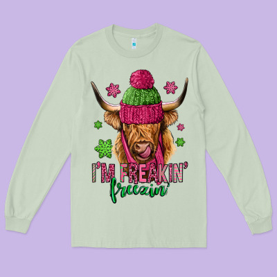 I'm Freakin Freezin Pink Christmas Long Haired Cow Long Sleeve Tee Designed By Jasminsmagicworld