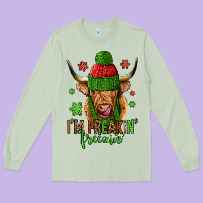 I'm Freakin Freezin Christmas Long Haired Cow Long Sleeve Tee Designed By Jasminsmagicworld