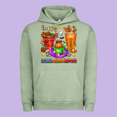 Happy Hallothanksmas Coffee Cups Urban Hoodie Designed By Texasbilliewilder