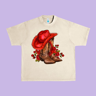 Valentines Day Cowboy Boots Red  And Roses Urban Heavy Tee Designed By Adodesignshop