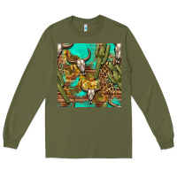 Army Green western bull skull and cactus seamless pattern Long Sleeve Tee - BundleAndBundleShop