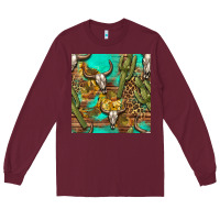 Burgundy western bull skull and cactus seamless pattern Long Sleeve Tee - BundleAndBundleShop