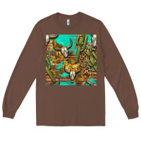 Chestnut western bull skull and cactus seamless pattern Long Sleeve Tee - BundleAndBundleShop