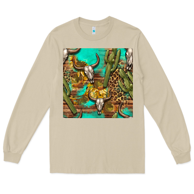 Western Bull Skull And Cactus Seamless Pattern Long Sleeve Tee by BundleAndBundleShop | Teevron