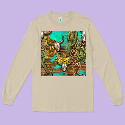 Western Bull Skull And Cactus Seamless Pattern Long Sleeve Tee Designed By Bundleandbundleshop