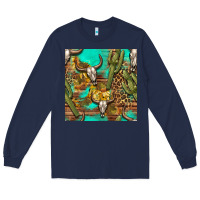 Navy western bull skull and cactus seamless pattern Long Sleeve Tee - BundleAndBundleShop