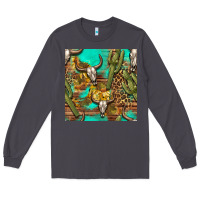 Smoke western bull skull and cactus seamless pattern Long Sleeve Tee - BundleAndBundleShop